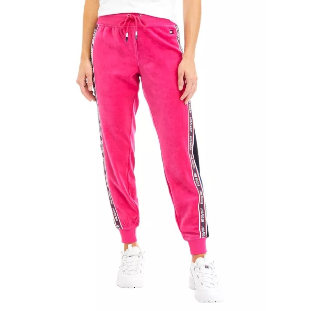 Large MAGENTA Tommy Hilfiger Sport Women Athleisure Velour Jogger w/ Logo Taping